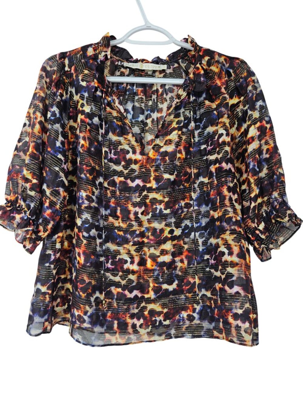 Marie Oliver Animal Print Sheer Blouse Top Multicolor Women's Size XS Preppy